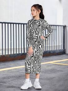 SHEIN 少女甜美针织立领波浪图案长袖修身连衣裙 - 黑色 - 查看 4
