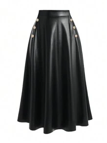 SHEIN LUNE Plus Size Button Decorated Skirt - Black - View 1