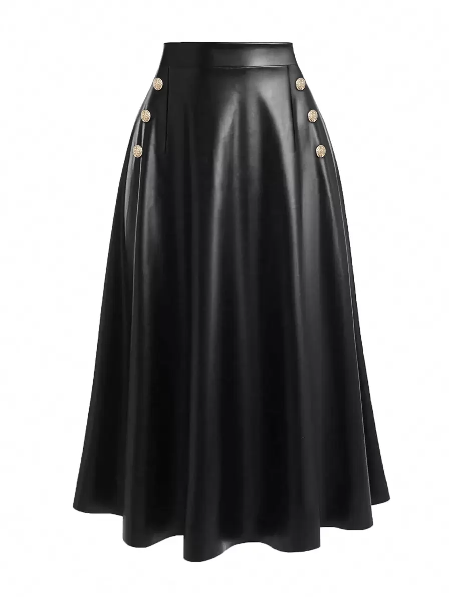 SHEIN LUNE Plus Size Button Decorated Skirt - Black - View 1