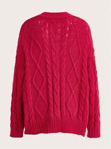 ROMWE PUNK Áo khoác cardigan thả vai dệt kim cáp trơn - Màu Đỏ Sâu - Xem 2