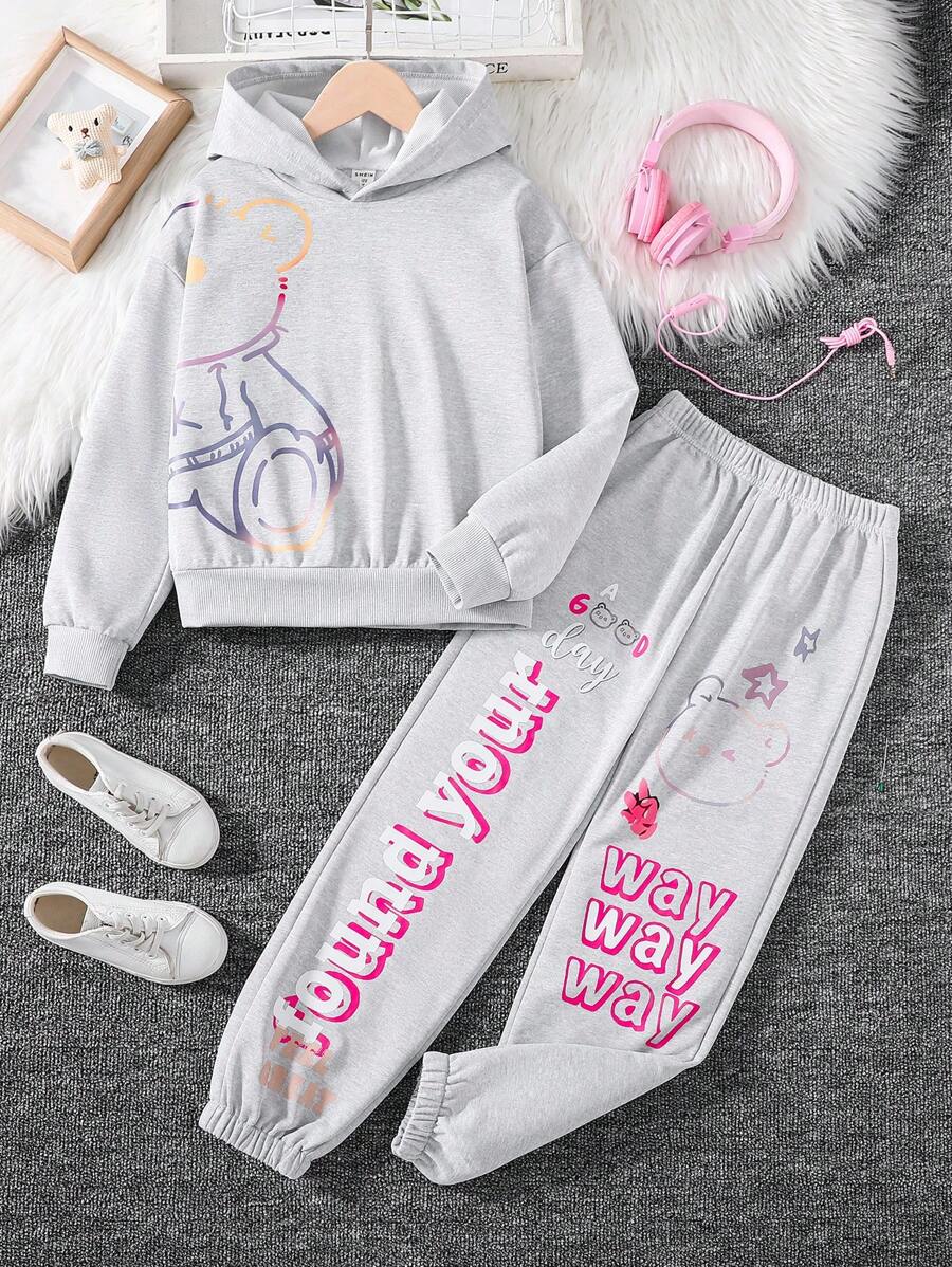 SHEIN Explorewe Cô gái Tween Teddy Gấu & Lá thư In Hoodie Và Quần Chạy bộ - Màu Xám nhạt - Xem 1