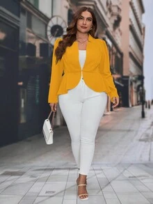 SHEIN Clasi 大碼素色鉤眼扣前荷葉邊西裝外套 - 黃色 - 查看 3