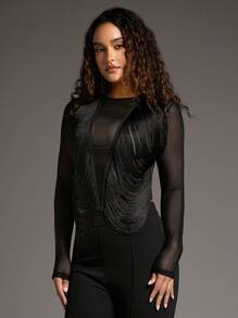 SHEIN BAE Top With Tassel Decoration, Long Sleeves - Black - View 1