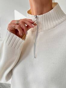 EURMUSE Plus Half Zip Drop Shoulder Sweater & Knit Pants Two Piece Set Women Comfy Cream Two Piece Set - Apricot - View 6