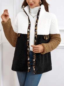 EMERY ROSE Leopard Pattern Colorblock Button Front Teddy Coat - Multicolor - View 5