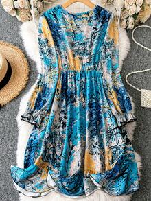 SHEIN LUNE Plus Tree Print Flare Sleeve Dress - Blue - View 2