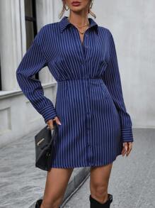 SHEIN Clasi Striped Print Drop Shoulder Shirt Dress - Blue - View 4