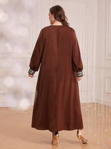 Al Najma Talla grande Vestido de color combinado con cinta en contraste bajo con abertura - Albaricoque - Ver 2