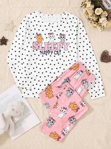 SHEIN Tween Girl Heart & Cat Pattern Printed Pajama Set