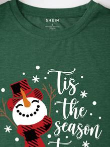 SHEIN EZwear In Giáng sinh Áo thun - Màu xanh lá cây đậm - Xem 4