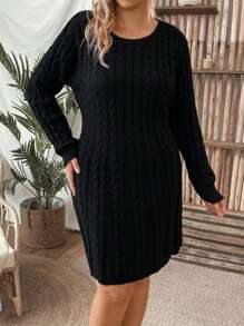 SHEIN LUNE Plus Cable Knit Drop Shoulder Sweater Dress - Black - View 3