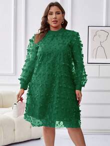 Celure 大碼小高領燈籠袖3D蝴蝶貼花洋裝 - 墨綠色 - 查看 4