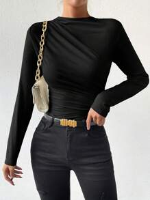 Chiquease Women's Stand Collar Ruched Bodysuit Fall Cloth For Women - Black - View 5