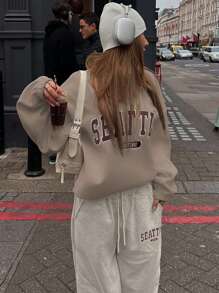 DAZY 女式立領,抽肩,字母印花運動衫 - 卡其色 - 查看 1