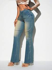 SHEIN BAE Slant Pocket Flare Leg Jeans - Light Wash - View 3