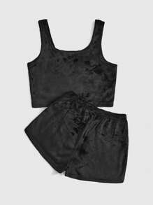 Batman X ROMWE Women's Embroidered Plush Homewear Set Outfit - Black - View 2