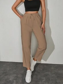 RueChic Solid Drawstring Waist Slant Pocket Pants - Apricot - View 5