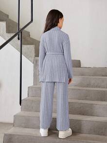 SHEIN 女大童高領落肩袖腰帶T恤和褲子 - 淺藍色 - 查看 2