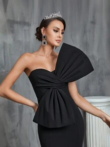 Một bờ vai Chiều dài sàn Váy dự tiệc - màu đen - Xem 3