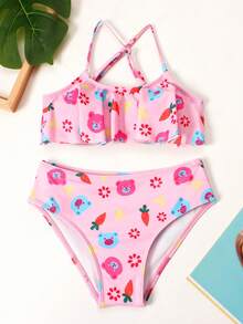 Bộ bikini in hình hoạt hình Tween Girl đi biển mùa hè - Hồng - Xem 1