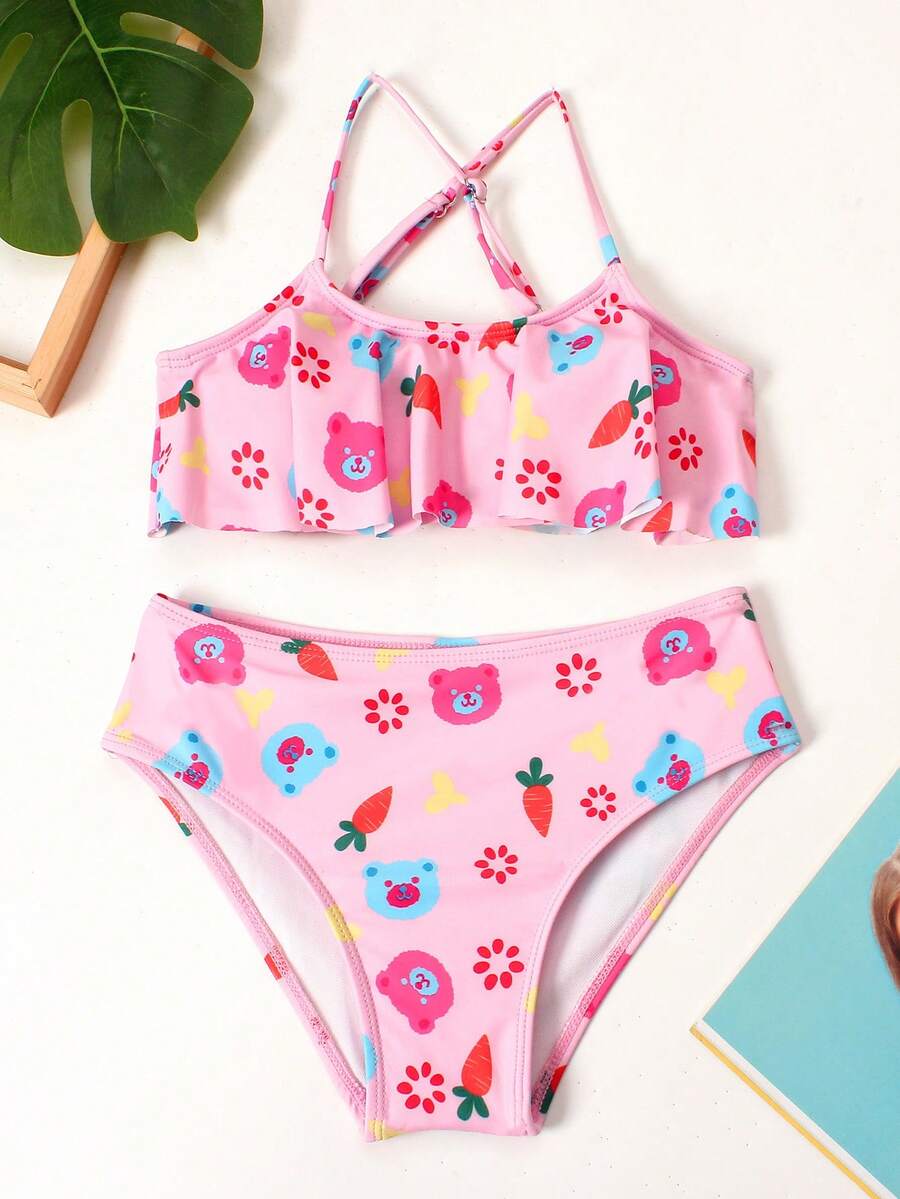 Bộ bikini in hình hoạt hình Tween Girl đi biển mùa hè - Hồng - Xem 1