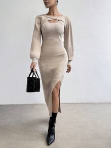 Chiquease Women's Solid Color Lantern Sleeve Cape And High Slit Sweater Dress - Camel - View 6