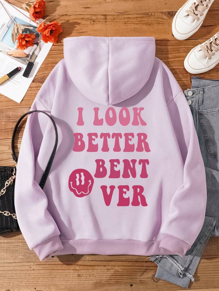 SHEIN EZwear Plus Size Hooded Sweatshirt With Slogan Print And Thermal Lined - Mauve Purple - View 1