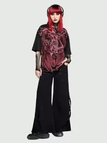 ROMWE Grunge Punk 女式骷髏印花落肩 T 卹 - 黑色 - 查看 1