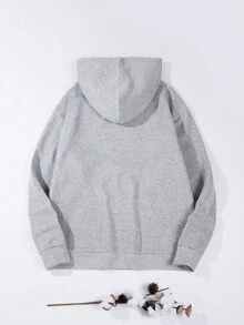 男士字母圖案袋鼠口袋抽繩保暖連帽衫 - 淺灰色 - 查看 2