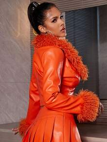 Y2K 金屬心形細部絨領人造 PU 皮革短夾克 - 橘色 - 查看 2