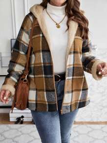 SHEIN LUNE Áo khoác trùm đầu lót vải kẻ caro Plus Teddy cho mùa đông - Nhiều màu - Xem 6