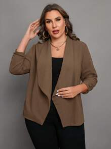 SHEIN Clasi Talla grande Blazer de cuello cascada de manga fruncido con parte delantera abierta - Camel - Ver 3