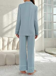 Moonlight&Mama Maternity Contrast Piping Pocket Patched Shirt & Pants PJ Set / Pajama Set For Mother , Cozy And Elegant Details, Clothes Outfit, Fall & Winter - Blue - View 2