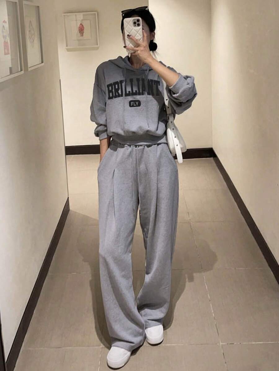 DAZY Letter Graphic Drop Shoulder Hoodie & Drawstring Waist Sweatpants - Grey - View 1