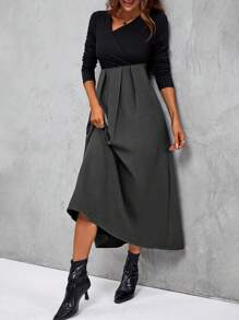 SHEIN Clasi 雙色不對稱領褶皺下擺洋裝 - 灰色 - 查看 6