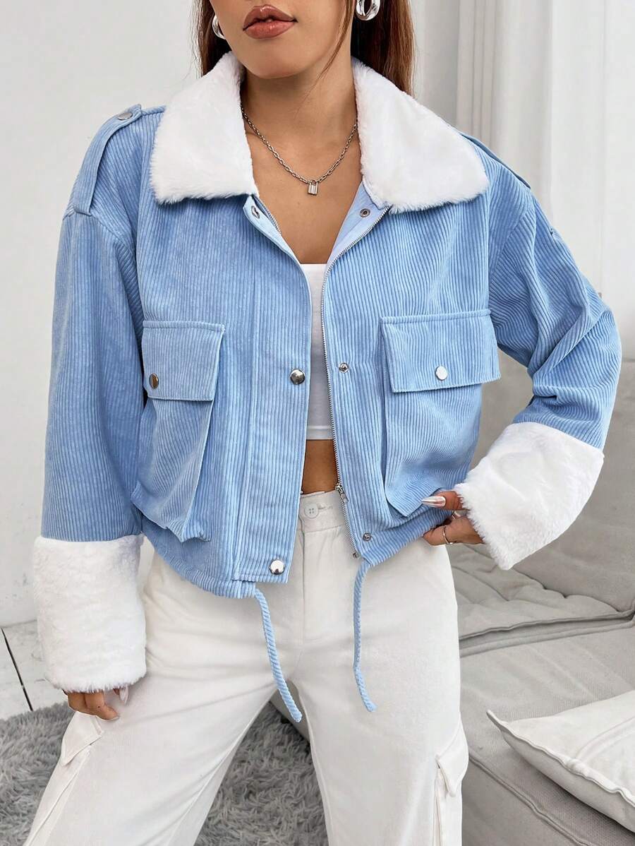 SHEIN Unity 羊絨領口翻蓋口袋落肩袖抽繩下擺夾克 - 藍色 - 查看 1