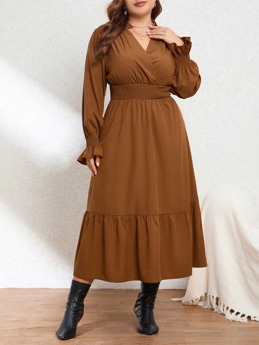 SHEIN Privé Talla grande Vestido de manga con volante bajo con fruncido - Marrón - Ver 1