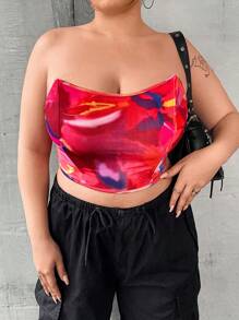 Flirla Talla grande Top tubo crop con estampado de dibujo de espalda abierta con cordón