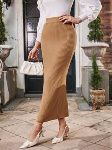 SHEIN Clasi Solid Ribbed Knit Skirt - Khaki - View 4