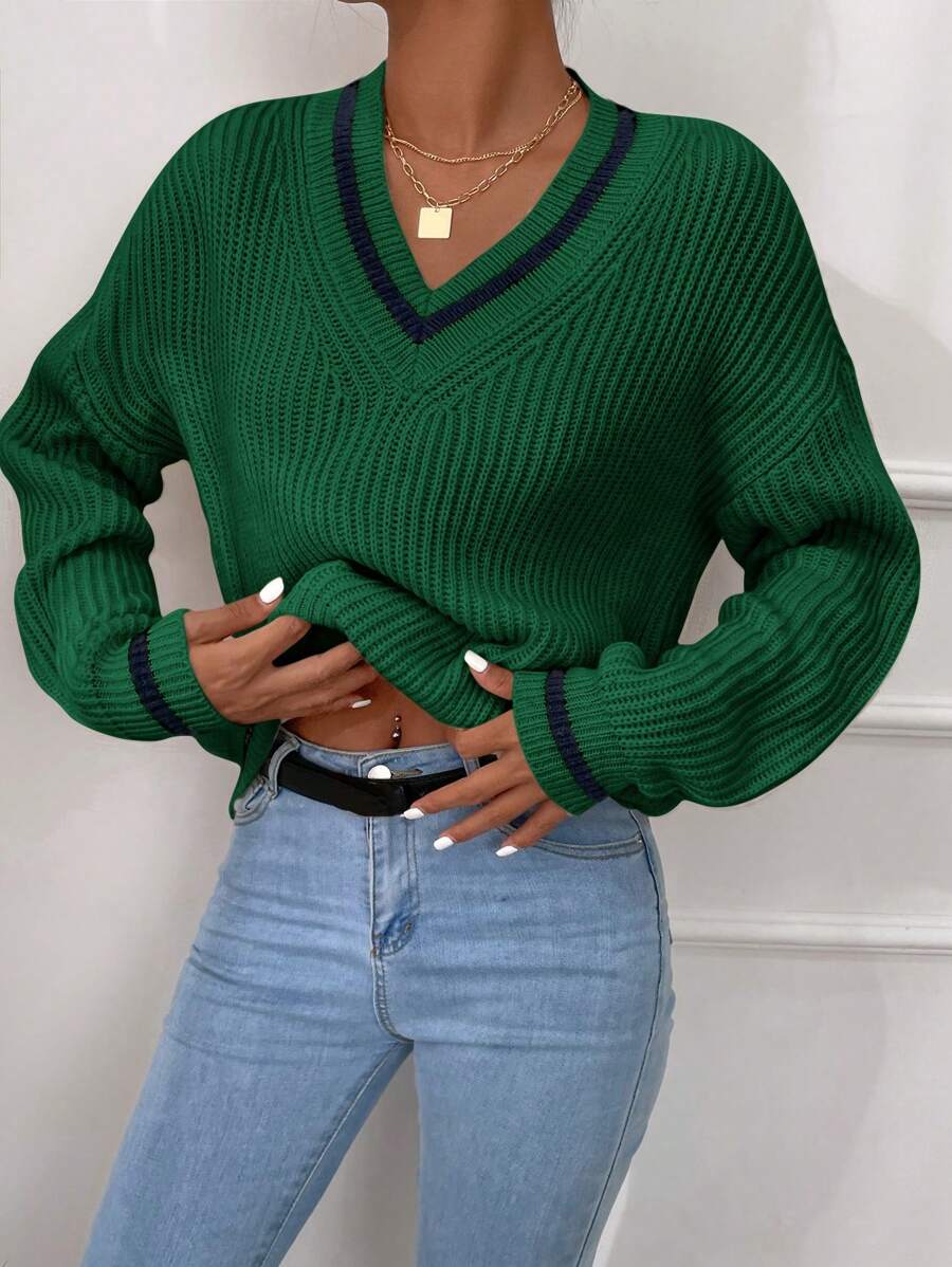 EURMUSE Contrast Trim Drop Shoulder Sweater - Green - View 1