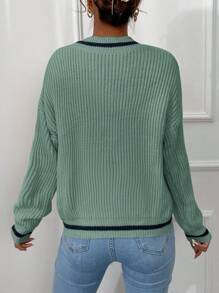 EURMUSE Contrast Trim Drop Shoulder Sweater - Olive Green - View 2