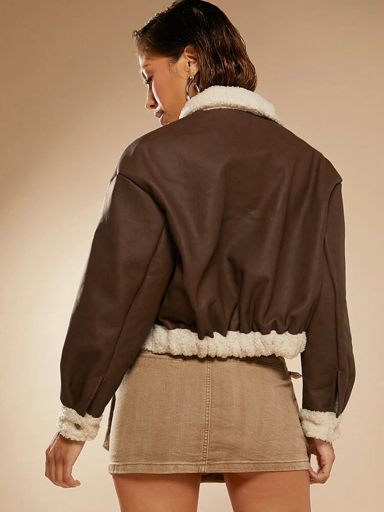 Contrast Teddy PU Leather Crop Jacket