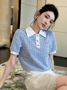 DAZY Contrast Collar Puff Sleeve Polo Tee