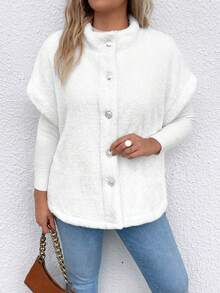 SHEIN LUNE Plus 1pc Batwing Sleeve Button Front Teddy Coat - White - View 6