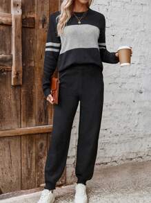 SHEIN LUNE Jersey de color combinado con patrón de rayas con pantalones tejidos - Negro - Ver 6