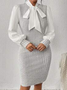SHEIN Privé Hai âm Cà vạt Tay áo lồng đèn Đầm - Xám - Xem 3