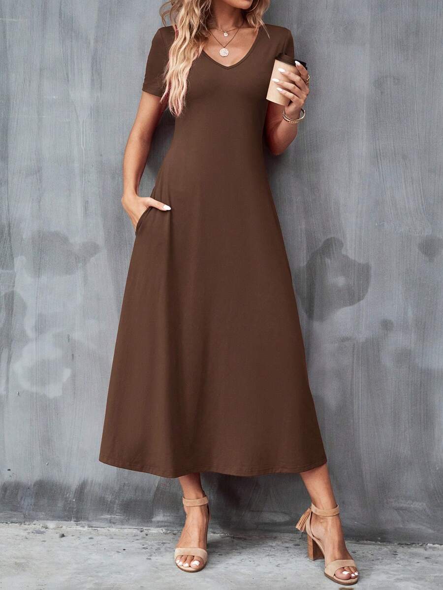 SHEIN Clasi Solid Hidden Pocket Tee Dress - Coffee - View 1