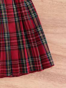 SHEIN 女小童字母貼布條紋飾邊學院風夾克&蘇格蘭格紋百褶半身裙 - 紅色 - 查看 7