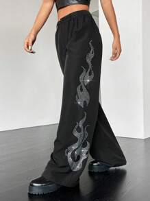 SHEIN Coolane 火焰圖案水鑽點綴長款長褲 - 黑色 - 查看 3