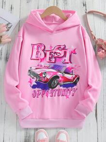 Teen Girl Car & Letter Graphic Drop Shoulder Sweatshirt - Pink - View 1